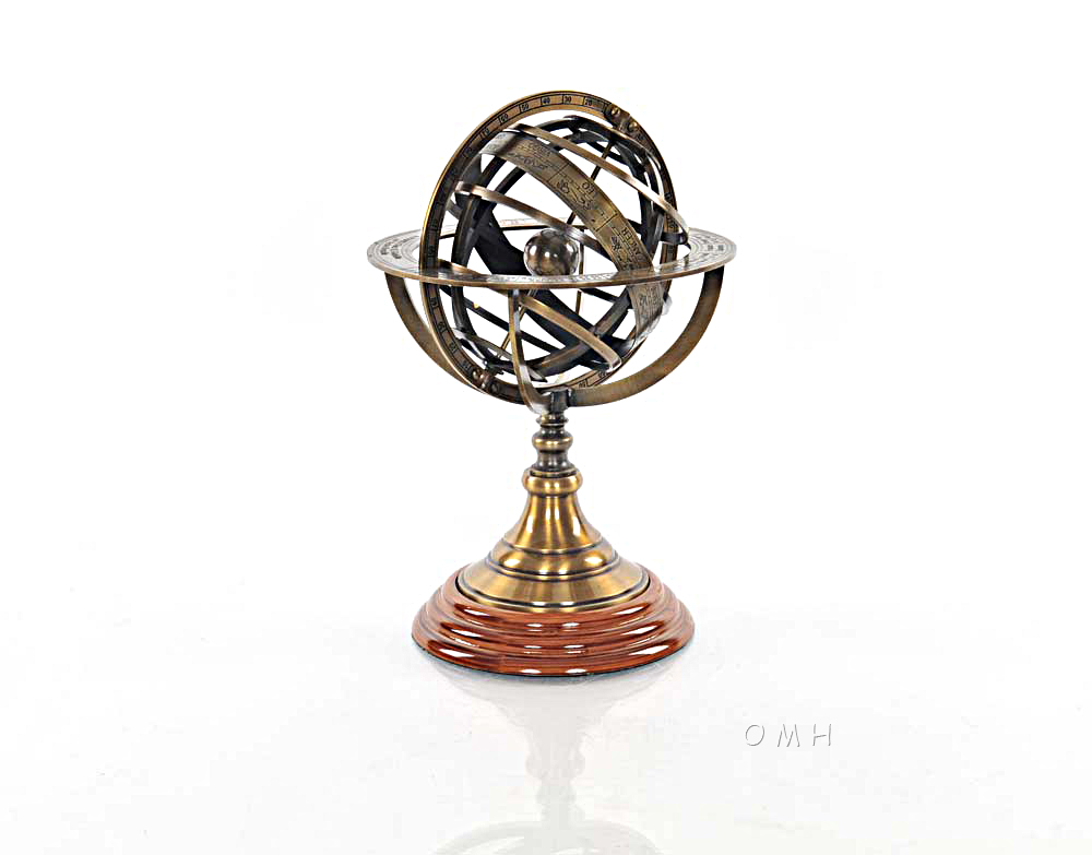 Old Modern Handicrafts - Armillary Sphere on Wood Base - Handcrafted Brass, Antique Finish, Perfect for Nautical Collections and Astronomy Enthusiasts - 7.0L x 7.0W x 11.5H Inches