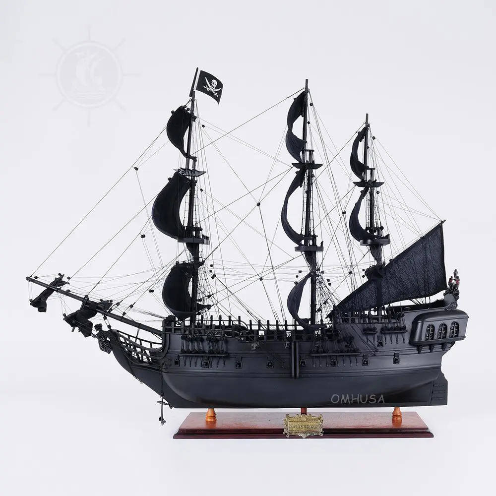 Old Modern Handicrafts - Black Pearl Pirate Ship with Display Case Front Open - Midsize Ship Model - 100% Handcrafted from Premium Wood - 35.4L x 13.5W x 29.5H Inches