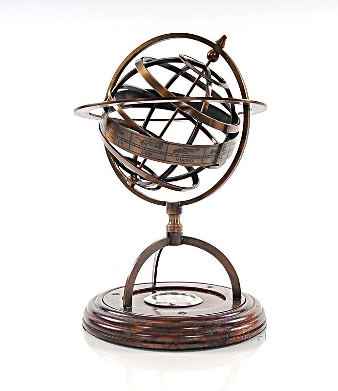 Old Modern Handicrafts - Brass Armillary Globe with Compass On Wood Base, Handcrafted from Brass & Wood - 7.0L x 7.0W x 11.0H Inches