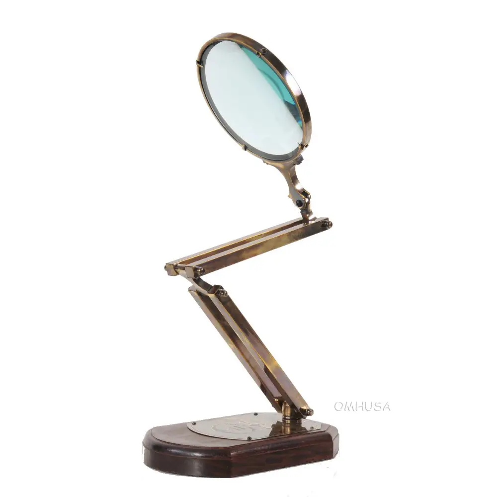 Old Modern Handicrafts - Brass Big Magnifier Glass with Wooden Base - 360 Degree Rotatable - Handcrafted from Brass with a Shiny Finish - 14.5L x 7.5W x 28.0H Inches