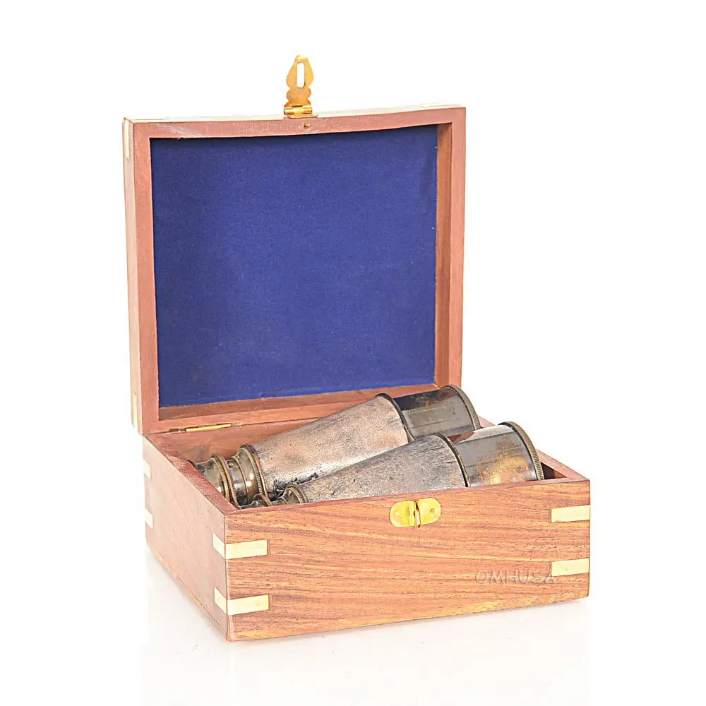 Old Modern Handicrafts - Brass Binocular with Leather Overlay in Wood Box Vision Beyond Exploring Worlds Close and Far with Binoculars - 5.3L x 5.0W x 2.3H Inches