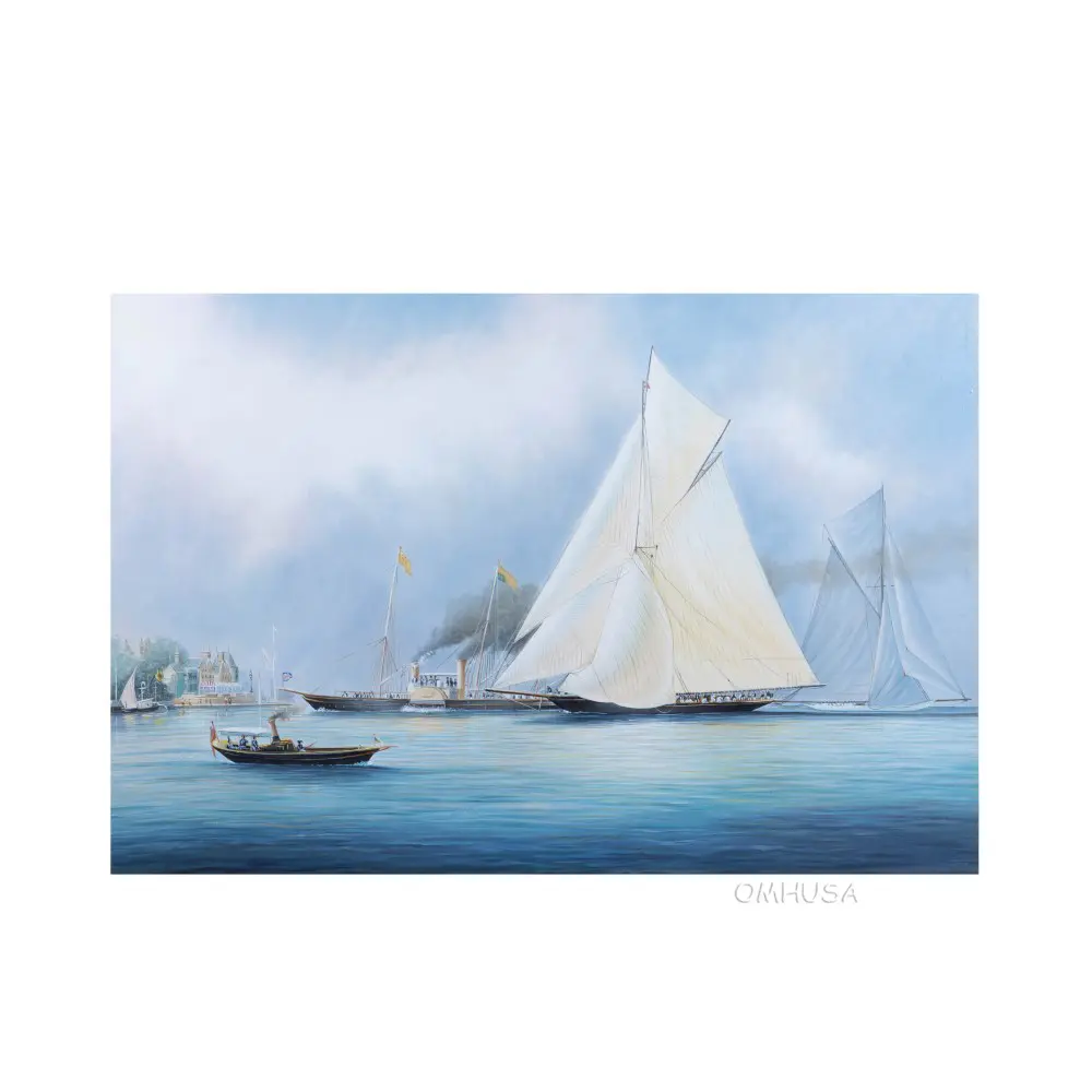 Old Modern Handicrafts - Britannia and Vigilant off the Royal Yacht Squadron's Headquarters - Canvas Print of the Original Painting Mounted onto a Sturdy Wooden Frame - 35.1 X 23.5 inches