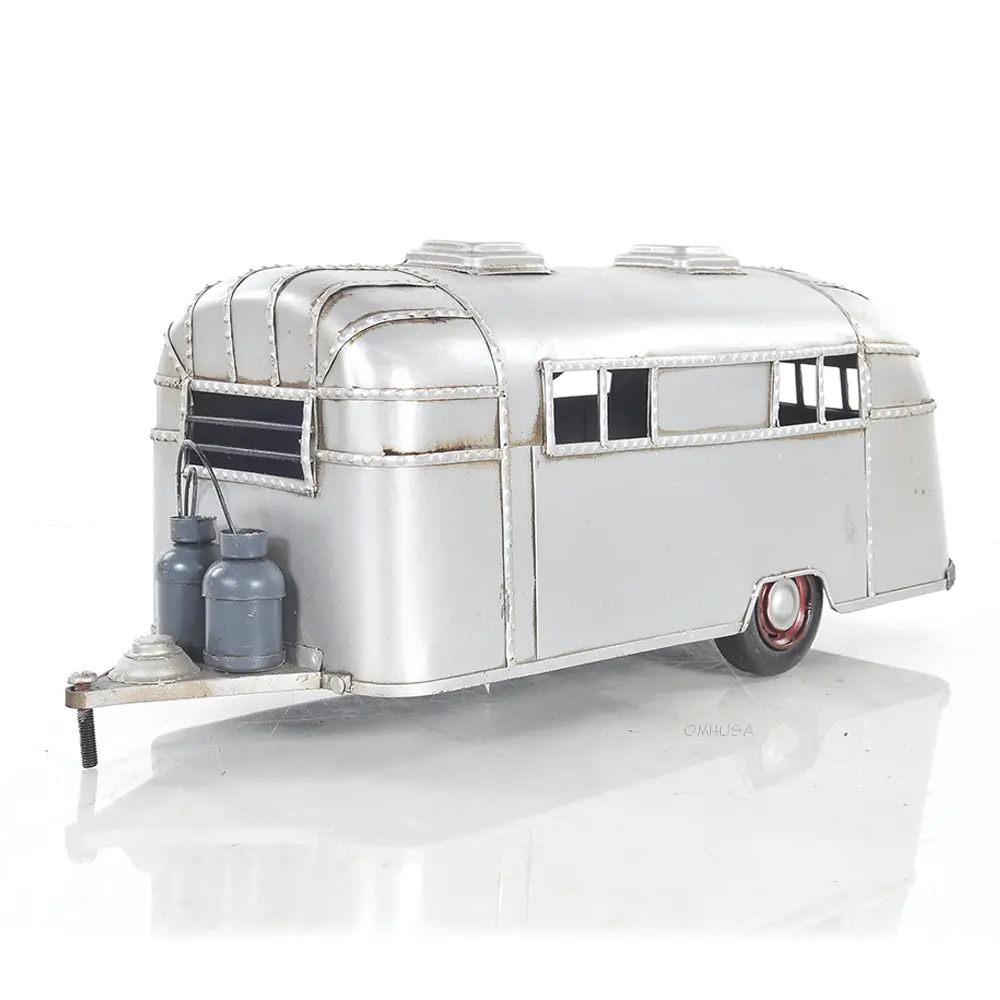 Old Modern Handicrafts - Camping Trailer Silver Model with Rolling Wheels - 100% Handmade from Iron with Silver Finish - 15 x 5.5 x 6 inches