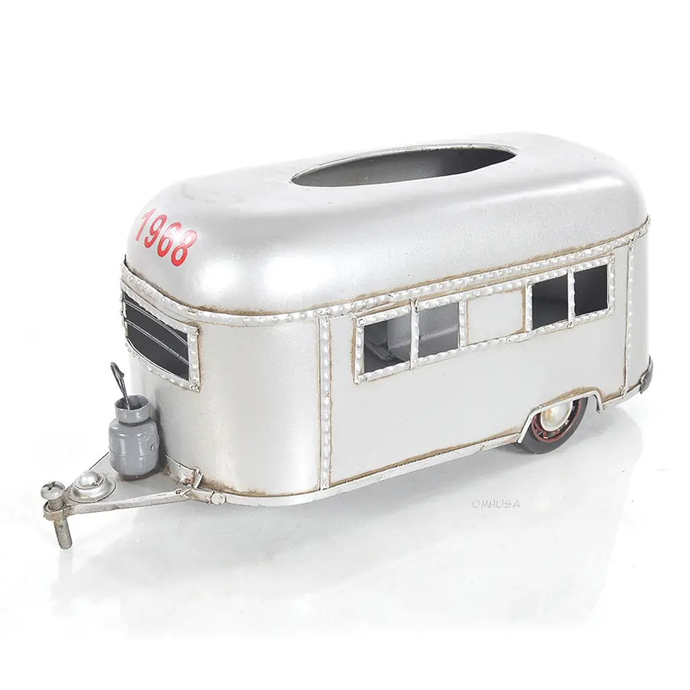 Old Modern Handicrafts - Camping Trailer Silver with Tissue Holder with Rolling Wheels 100% Handcrafted from Iron - 12 x 5 x 4.5 Inches