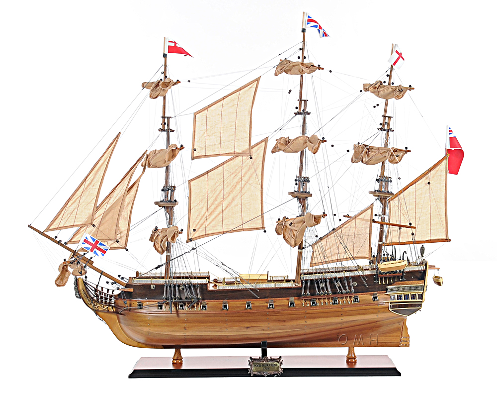 Old Modern Handicrafts - Large HMS Surprise Wooden Model Ships with Table Top Display Case - 40x13.75x39.25 inches