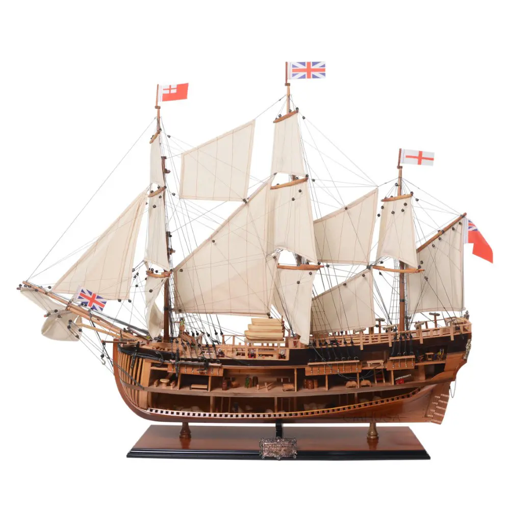 Old Modern Handicrafts - Premium HMS Endeavour Open Hull Model Ship - 37.0L x 11.5W x 33.5H Inches