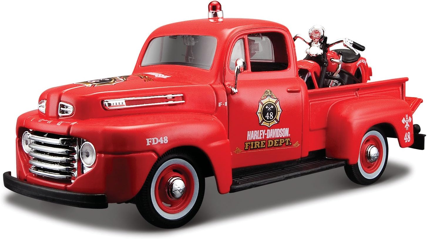 1948 Ford F-1 Pickup Truck "Harley Davidson" Fire Truck and 1936 El Knucklehead Motorcycle 1/24 Diecast Models by Maisto