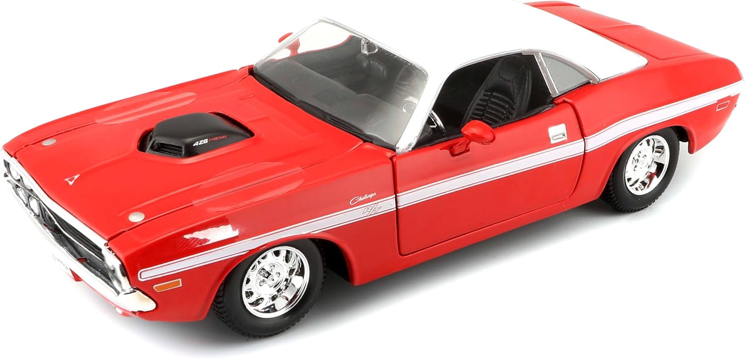 1970 Dodge Challenger R/T Coupe Red with White Top and White Stripes 1/24 Diecast Model Car by Maisto