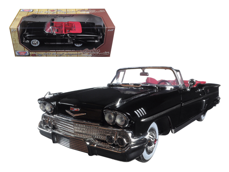 Motormax - 1958 Chevrolet Impala Convertible Black with Red Interior "Timeless Classics" 1/18 Diecast Model Car by Motormax